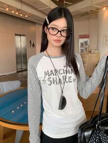 Y2K Millennium Style Grey & White Contrast Raglan Sleeve Letter & Star Print Rhinestone Long Sleeve Top Women Autumn/Winter Loose Casual Versatile - Gray and White Splicing - View 2