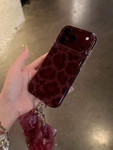 Ins Burgundy Red Sparkling Rhinestone Leopard Print Phone Case Compatible With Apple 18 Pro Max, 18 Pro, 17 Pro, 17 PM, 16 Pro, 16 PM, 15 PM, Anti-Drop Protective Cover With Wrist Strap, Niche Style For Women - Red - View 4