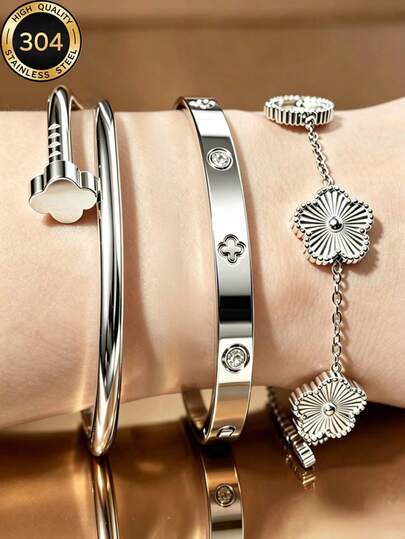 3 / 1pc High-Quality Stainless Steel Silver Flower Bracelet & Four-Leaf Clover Zirconia Bracelet & Five-Leaf Clover Bracelet Set, Women's Jewelry Accessories. Suitable For Layering, Daily Wear, Holiday Gifts, Festival Gifts