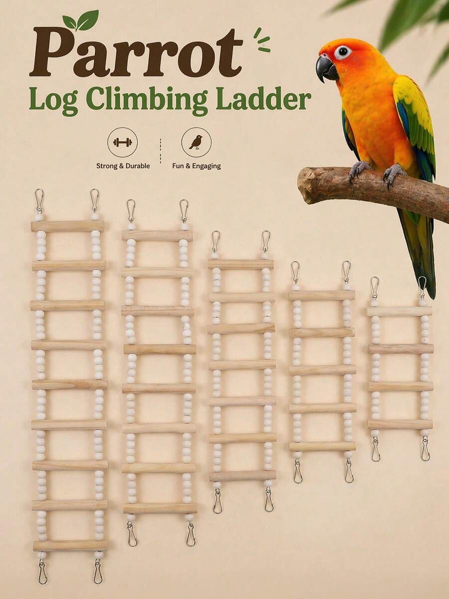 Natural Wooden Bead Climbing Ladder For Parrots, Available In Multiple Sizes, Sturdy And Durable With Hooks, Suitable For Cages Of Small To Medium Parrots Such As Cockatiel, Lovebird, Parrot, Enrichment Toy - Classic Straight Ladder - View 1