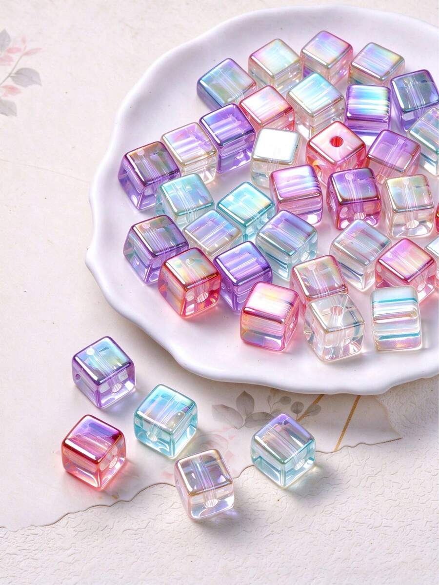 10pcs Colorful Cube Beads Transparent Acrylic Spacer Beads DIY Handmade Jewelry Making Bracelet Necklace Accessories 5 Colors - Iridescent Square Beads - View 1