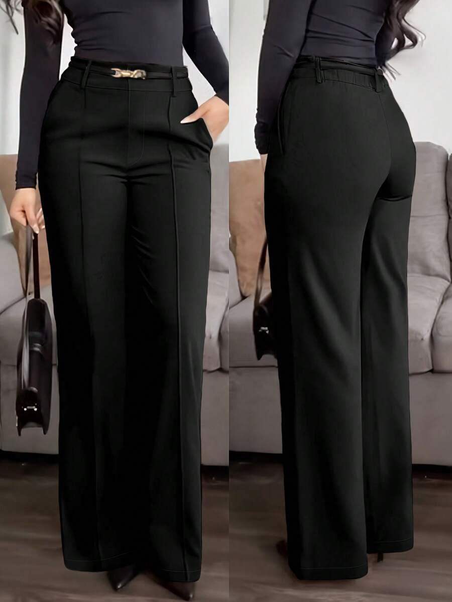 Jisfaneya Women's (No Belt) Solid Color Pants, Side Pockets And Zipper Design, Elegant Casual, Suitable For Office And Commuting - Black - View 1