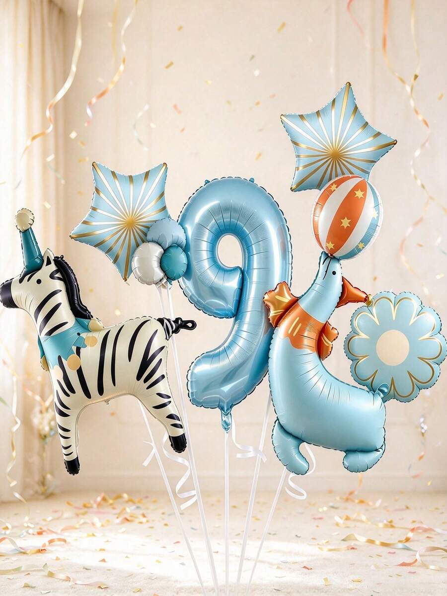 Birthday Balloon Set, Includes Baby Blue Number Foil Balloons, Zebra Foil Balloons, Seal Foil Balloons, Star Foil Balloons, Flower Foil Balloons, Suitable As Children's Gifts, Applicable For Children's Birthday Parties And Other Occasions - View 1