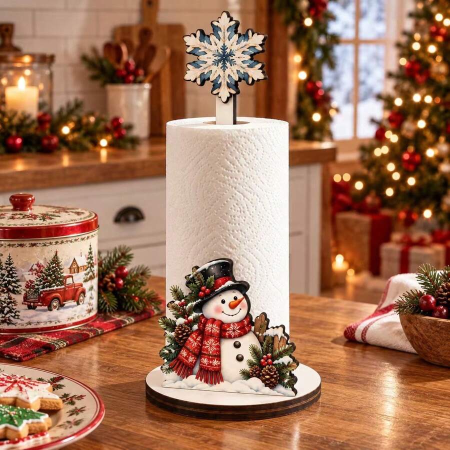 Cross-Border New Arrival Christmas Snowman Wooden Paper Towel Holder, Holiday Decor, Dining Table Centerpiece, Desktop Roll Paper Storage Display - Multicolor - View 1
