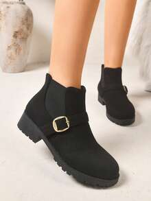Women's Vintage Metal Square Buckle Decor Ankle Boots, Chunky Mid-Heel Thick Sole Ankle Boots For Daily Wear And Versatile Styling - Black - View 2