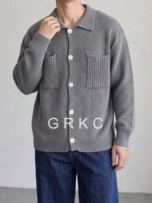 GRKC كارديجان رجالي بياقة بولو محبوك مع أزرار أمامية وجيوب مزدوجة، كنزة طويلة الأكمام بنسيج عتيق للخريف/الشتاء - رمادي - مشاهدة 3