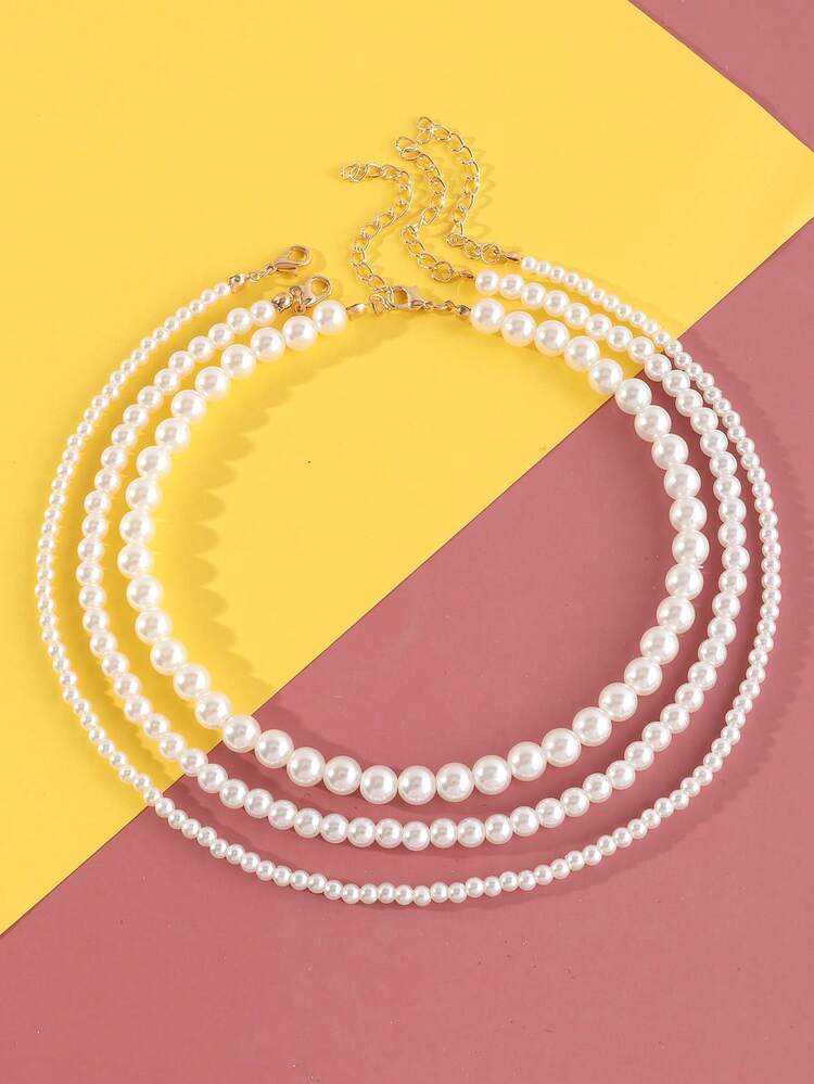 3pcs/Set Girls Vintage French Style Faux Pearl Necklace Set, Gentle Elegant Multi-Layer Stackable Collarbone Chain, Minimalist Children's Accessories - White - View 7
