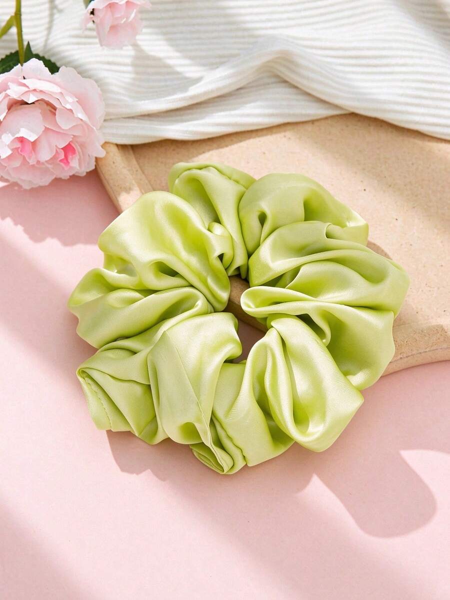 1PC Women's Headwear Simple Fashion Scrunchie Solid Color Satin Oversized Elegant Hair Accessory Hair Tie - Olive Green - View 1