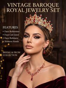 3pcs Vintage Red Rhinestone Crown Headband Necklace Earrings Set, Bridal Wedding Prom Party Jewelry - Red - View 5