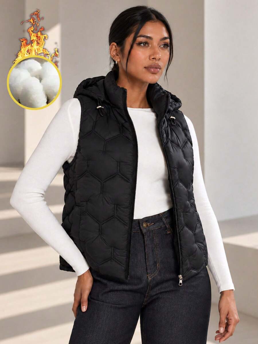 Women Black Hooded Puffer Vest Quilted Padded Sleeveless Jacket Full Zip Stand Collar Side Pockets Casual Winter Gilet - Black - View 1