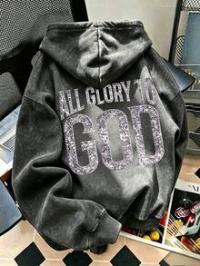 Washed Oversized Hoodie, ALL GLORY TO GOD Glitter Letter Back Print Drop Shoulder Pullover Sweatshirt - Black - View 1
