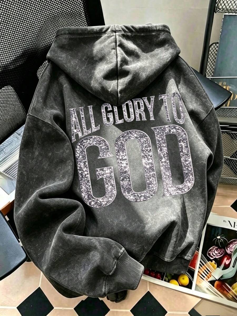 Washed Oversized Hoodie, ALL GLORY TO GOD Glitter Letter Back Print Drop Shoulder Pullover Sweatshirt - Black - View 1