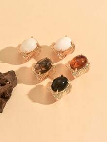 1/5pcs Vintage Exaggerated Geometric Metal Striped Inlaid Faux Gemstone Wide Band Charm Rings, Luxurious Elegant Style Suitable For Wedding, Party, Vacation, Daily Wear, Street Style, For Women And Couples, Holiday, Birthday, Multi-Purpose Gift - Multicolor - View 3