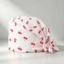 1pc Women's Foam Embroidered Cherry Print Tie-Up Work Cap, Side Button Design Adjustable Headwrap Hat, Breathable Dust-Proof Beauty Salon Kitchen Protective Cap - Foam Cherry - View 9