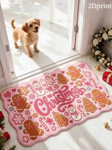 1pc Pink Christmas Gingerbread Man & Snowman Pattern Decorative Rug, Living Room Carpet, Bedside Plush Rug, Autumn/Winter Rug, Thick Carpet, Large Living Room Rug, Bedroom Rug, Home Decor, Outdoor Rug, Washable Rug - Multicolor - View 2
