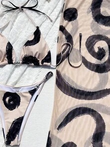HOTTIE HABIT Women 3 Pieces Abstract Print Bikini Set, Halter Triangle Bikini & Printed Mesh Cover Up Pants, Summer Beach Vacation Swimwear - Multicolor - View 6