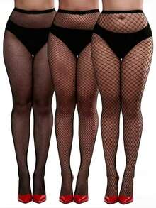 3 Pairs High Waist Fishnet Tights - Elastic Comfortable Women's Over-The-Knee Pantyhose, Solid Color - Black - View 6