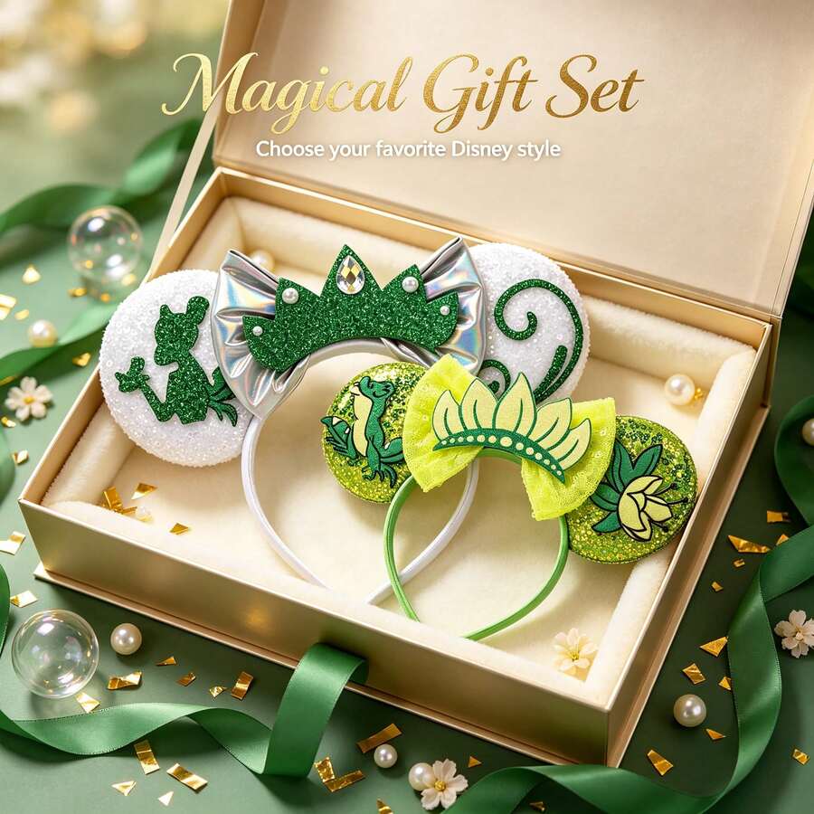 Disney 2Pcs Princess Tiana Minnie Ear Hair Bands, Glitter Green Sequin Lily Flower Decor Hair Hoops, Photo Props For Theme Park Trip, Cosplay Event - Multicolor - View 1