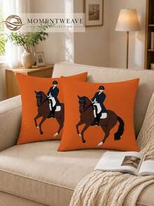 2pcs,Fashionable And Comfortable Cushion Covers,With Simple Vector Illustration Of Horse Rider In Formal Attire,Polyester Fiber Material,Hidden Zipper,No Filling,Suitable For Home Decor,Living Room Decor,Pillow Covers,Cushion Covers,Sofa Decorative Cushions,Home Decor,Pillow Covers,Soft Cushions. - Multicolor - View 1