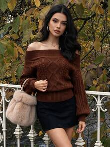 Vexica Women's Brown Cold Shoulder Chunky Cable Knit Long Sleeve Cropped Sweater, Sexy Autumn/Winter Nightclub & Casual Style - Brown - View 5