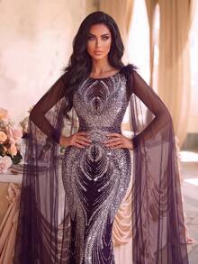 Elegant Scoop Neck Sequin Gown , Ruched Waist And Mermaid Silhouette For Studio Photo Shoots, Formal Dinners, Bridal Portraits, Gala Events - Purple - View 8