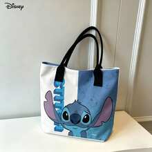 Miniso Disney Stitch Color-Block White Blue Canvas Tote Bag, Casual Shoulder Bag With Handles For Daily Use - White - View 2