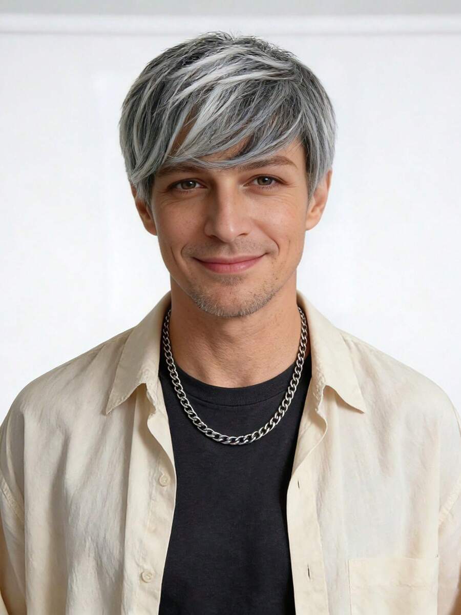 Universal Black & White Mixed Color Cosplay Wig For Middle-Aged And Elderly, 6-Inch Synthetic Fiber, Fashionable Personalized Full Head Wig For Holiday Parties And Cosplay