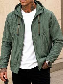 Blueprint Man 1pc Men's Gray Textured Wrinkle Hooded Zip-Up Jacket, Raglan Sleeve Design, Lightweight And Comfortable For Summer, Thin Summer Air Conditioning Shirt, Machine Washable And Dryable, Urban Casual Style Jacket, Suitable For Daily Commute, Outdoor Leisure Wear, Old Money Style, Runs Large. Please Size Down For A Better Fit - Green - View 1