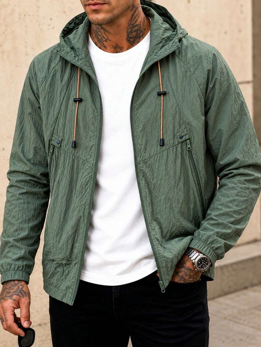 Blueprint Man 1pc Men's Gray Textured Wrinkle Hooded Zip-Up Jacket, Raglan Sleeve Design, Lightweight And Comfortable For Summer, Thin Summer Air Conditioning Shirt, Machine Washable And Dryable, Urban Casual Style Jacket, Suitable For Daily Commute, Outdoor Leisure Wear, Old Money Style, Runs Large. Please Size Down For A Better Fit - Green - View 1