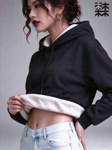 mulinsen Women's Hooded Sweatshirt, Fleece Lined Kangaroo Pocket Drawstring Warm Loose Fit, Suitable For Fitness - Deep Space Black - View 7