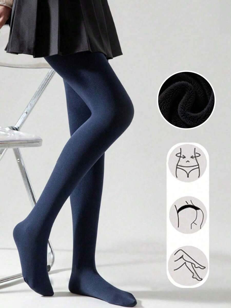1/2 Pairs Women's Deep Blue Fleece Lined Leggings, Spring/Autumn Elastic Slim Fit Thin Fleece Stirrup Socks - Navy Blue - View 1