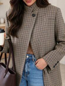 Women's Autumn/Winter Blazer, Elegant Asymmetrical Diagonal Opening Design Dual-Color Plaid Casual Blazer, Vintage Elegant, Suitable For Commute Wear, Office Wear - Brown - View 4