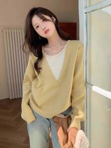 Women's Colorblock 2 In 1 Knit Sweater, French Elegant Gentle Elegant Round Neck Pullover - Yellow - View 5