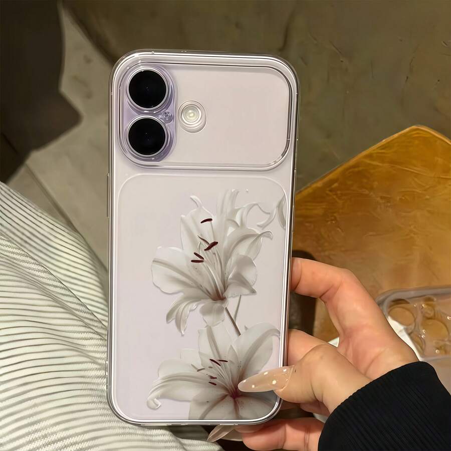 1件透明白色2朵百合花圖案全鏡頭保護防摔防撞個性化手機殼，適用於 16 Pro Max/18/17/16/15/14 Plus/13/12/11/Air