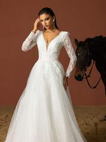 HEARBOBO Elegant Boho Wedding Gown Long Sleeve Deep V Neck Lace Mesh Bridal Dress - White - View 7