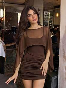 Da Jade Women Fall Winter New Cape Sleeve Sheer Mesh Boat Neck Ruched Bodycon Mini Dress Wedding Guest Cocktail Party Date Night Gathering Night Out Outfit - Brown - View 1