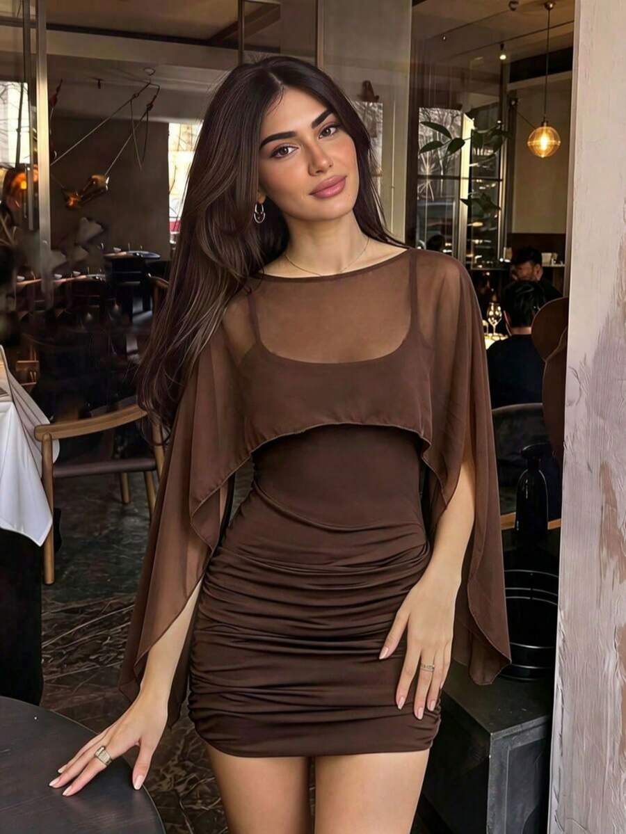 Da Jade Women Fall Winter New Cape Sleeve Sheer Mesh Boat Neck Ruched Bodycon Mini Dress Wedding Guest Cocktail Party Date Night Gathering Night Out Outfit - Brown - View 1