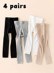 1/4 Pack Baby Girls All-Match Ribbed Solid Color Snug Fit Leggings, All-Season Versatile Base Layer Tights For Daily Wear - Multicolor - View 22