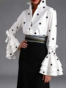 Women's Elegant Vintage Polka Dot Stand Collar Bow Cuff Multi-Layer Ruffle Bell Sleeve Long Sleeve Blouse - White - View 1