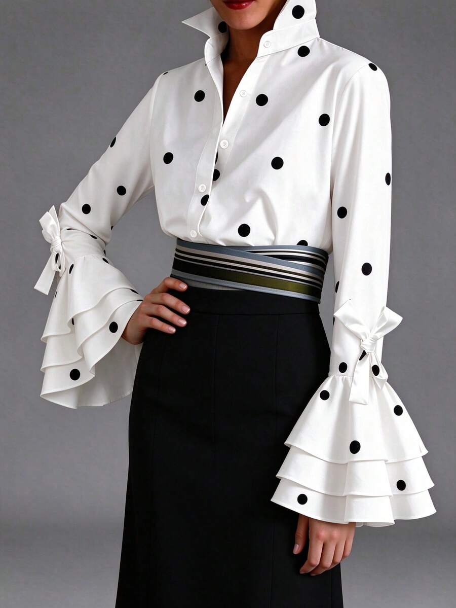 Women's Elegant Vintage Polka Dot Stand Collar Bow Cuff Multi-Layer Ruffle Bell Sleeve Long Sleeve Blouse - White - View 1