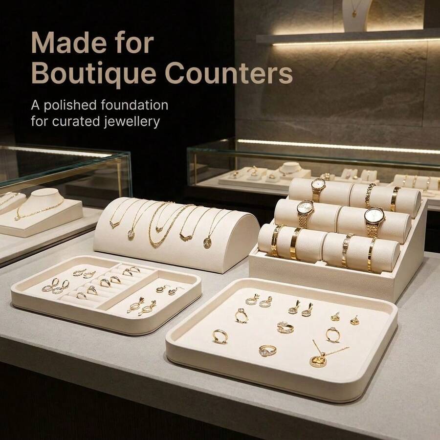 4pcs Cream PU Leather Jewelry Display Set, Necklace Display Stand, 6-Slot Watch & Bracelet Storage Rack, Rectangular & Square Jewelry Trays, Boutique Counter Jewelry Display Props, Product Photography, Ideal Birthday & Holiday Gift