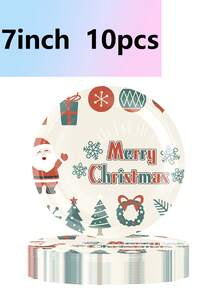 10pcs Vintage Christmas Theme Party Birthday Party Plates Napkins Cups Party Decoration Supplies Christmas Tree Reindeer Gift Santa Claus Wreath - Multicolor - View 9