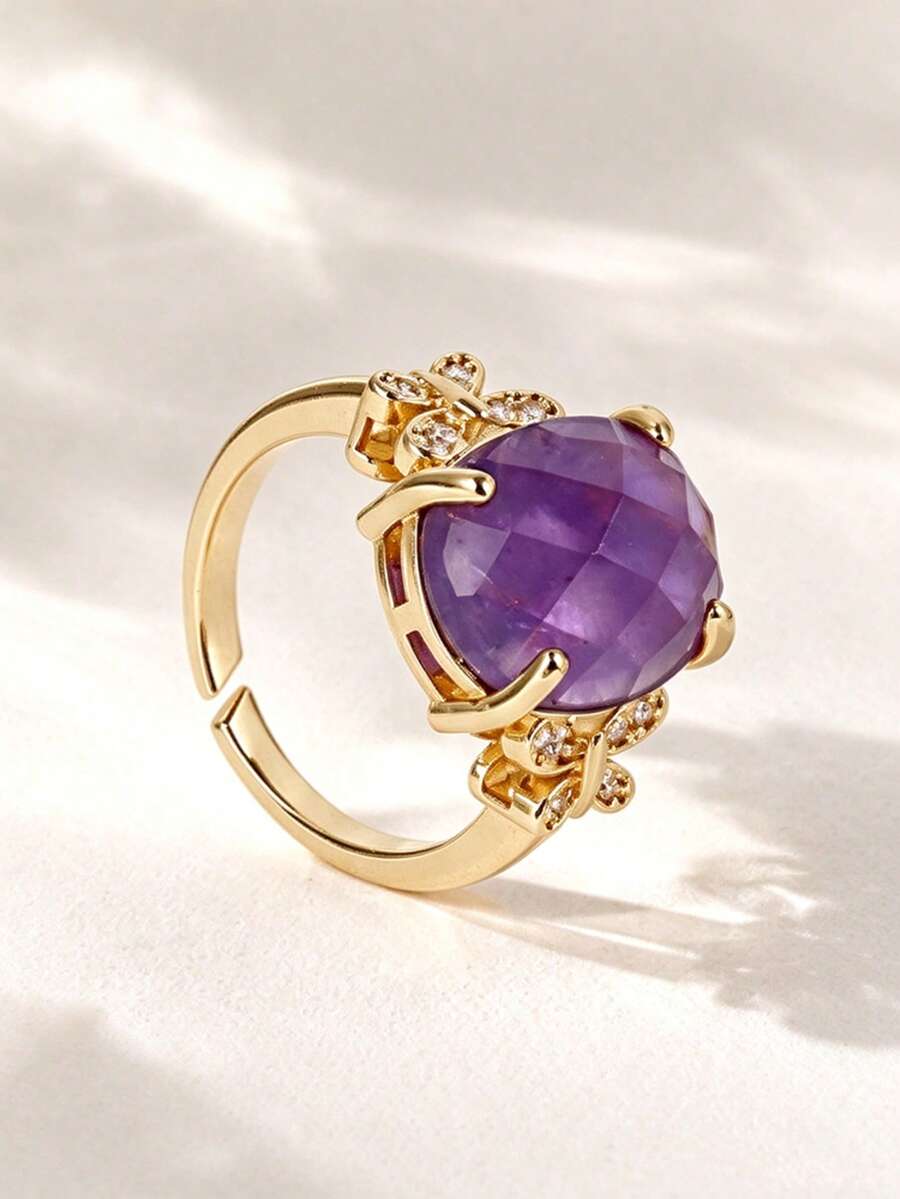 1Pc Natural Amethyst Ring For Women Oval Faceted Gem Stone Open Adjustable Rings Butterfly Charm Crystal Statement Jewelry Wedding Birthday Gift H971 - Ring - View 1