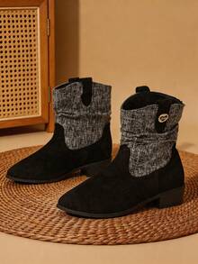 1 Pair Women's Black & Grey Patchwork Fashion Design Pointed Toe Chunky Heel Ankle Boots With Slouchy Sock Detail - Black - View 6