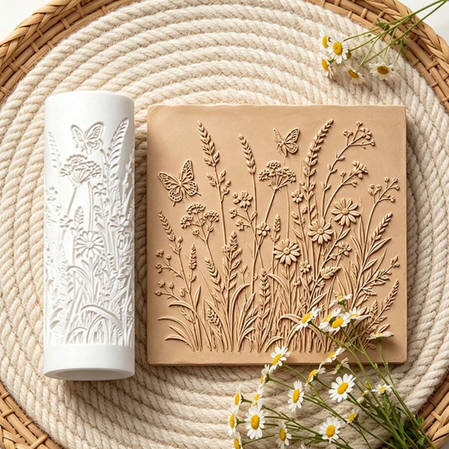 1Pc Wildflower Butterfly Pattern Clay Embossing Roller, Polymer Clay Tool For Handmade Earring Pendant Ornament Making, Great Gift For Craft Lovers