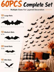 60pcs Halloween 3D Bat Wall Stickers, 4 Sizes Foldable Black Flying Bats With Adhesive Backing, DIY Wall Decals For Home, Bedroom, Doors, Windows And Party Decoration - View 7