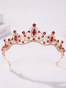 1 Elegant Crown, Embellished With Green Rhinestones, Suitable For Wedding, Party, Birthday Headpiece - Red - View 1
