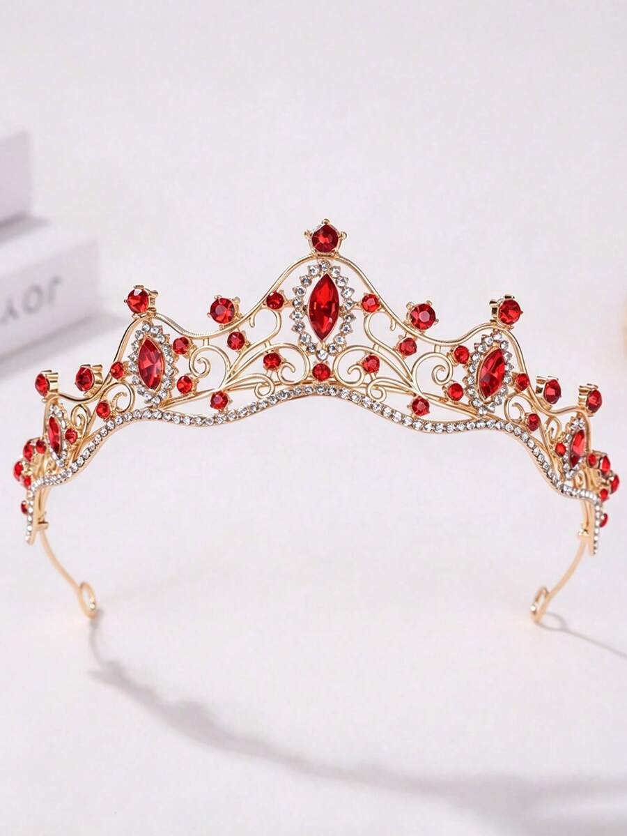 1 Elegant Crown, Embellished With Green Rhinestones, Suitable For Wedding, Party, Birthday Headpiece - Red - View 1