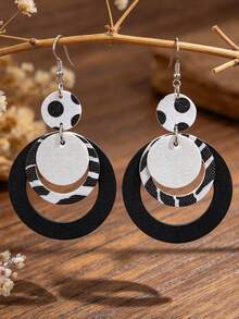 1 Pair Black & White Polka Dot Zebra Stripe Multi-Layer Round PU Leather Earrings, Vintage Color Block Patchwork Large Hoop Earrings Accessory - Round - View 7