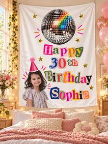 Personalized Custom Photo Birthday Tapestry For Girls, 90g Soft Brushed Fabric Wall Hanging, Custom Name And Age Party Banner Decor, Colorful Disco Ball Birthday Backdrop For Bedroom, Party Decoration Gift - Multicolor - View 3